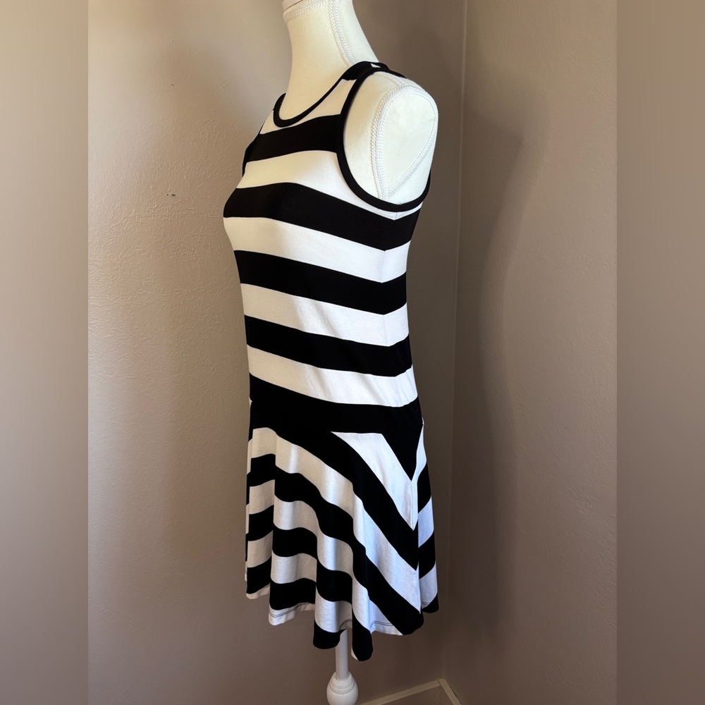 Ann Taylor Loft Black and White Striped Fit Flare Mini Dress - Size XS Petite - Picture 2 of 7